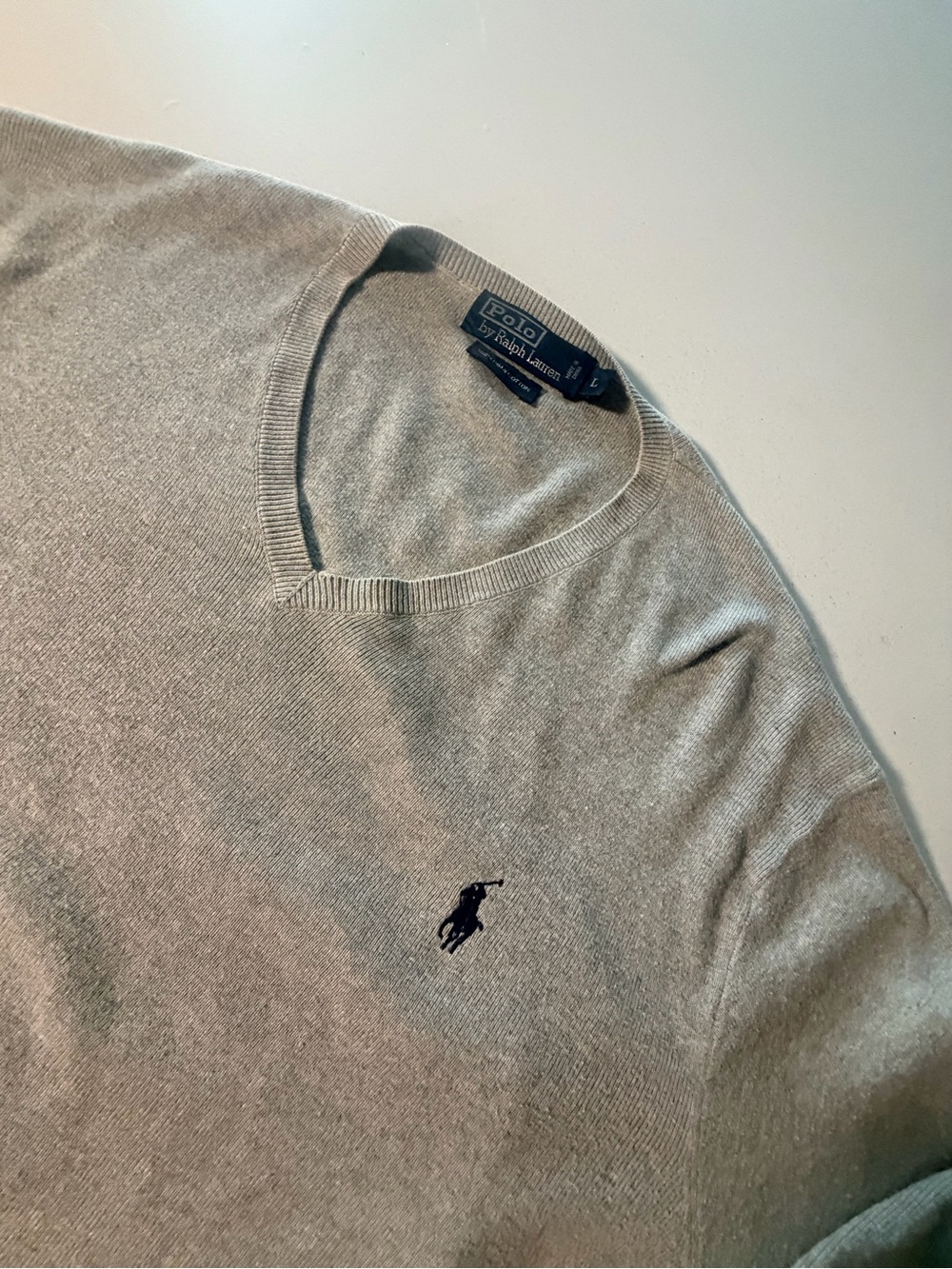 Ralph Lauren Light Gray V-Neck Pima Cotton Sweater